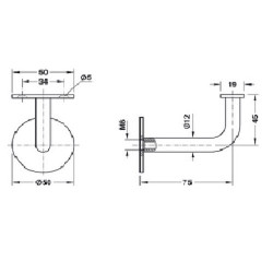 Supporto per corrimano con base piana 19 mm