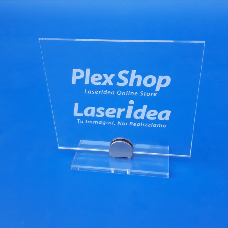 Targa in plexiglass trasparente con supporto a mezza luna