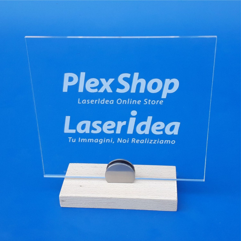 Targa in plexiglass trasparente con supporto a mezza luna