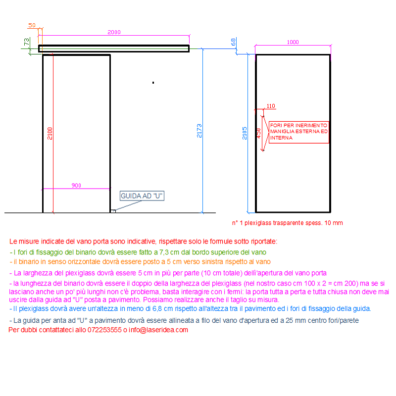 Binario ammortizzato per porta scorrevole in plexiglass