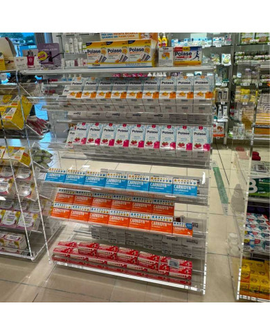 Scaffale espositivo in plexiglass bifacciale su misura per negozi e farmacie