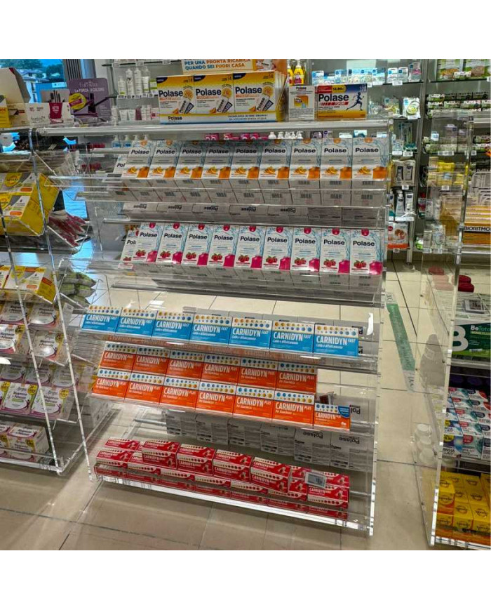 Scaffale espositivo in plexiglass bifacciale su misura per negozi e farmacie