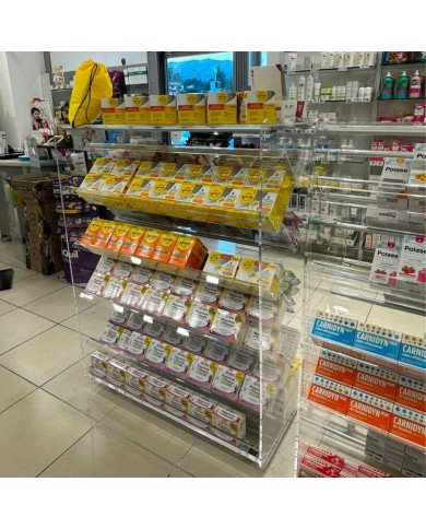 Scaffale espositivo in plexiglass bifacciale su misura per negozi e farmacie