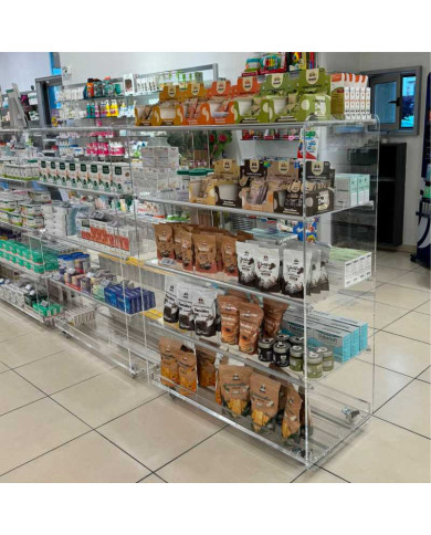 Gondola rettangolare in plexiglass su misura con rotelle, ideale per negozi e farmacie