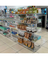 Gondola rettangolare in plexiglass su misura con rotelle, ideale per negozi e farmacie