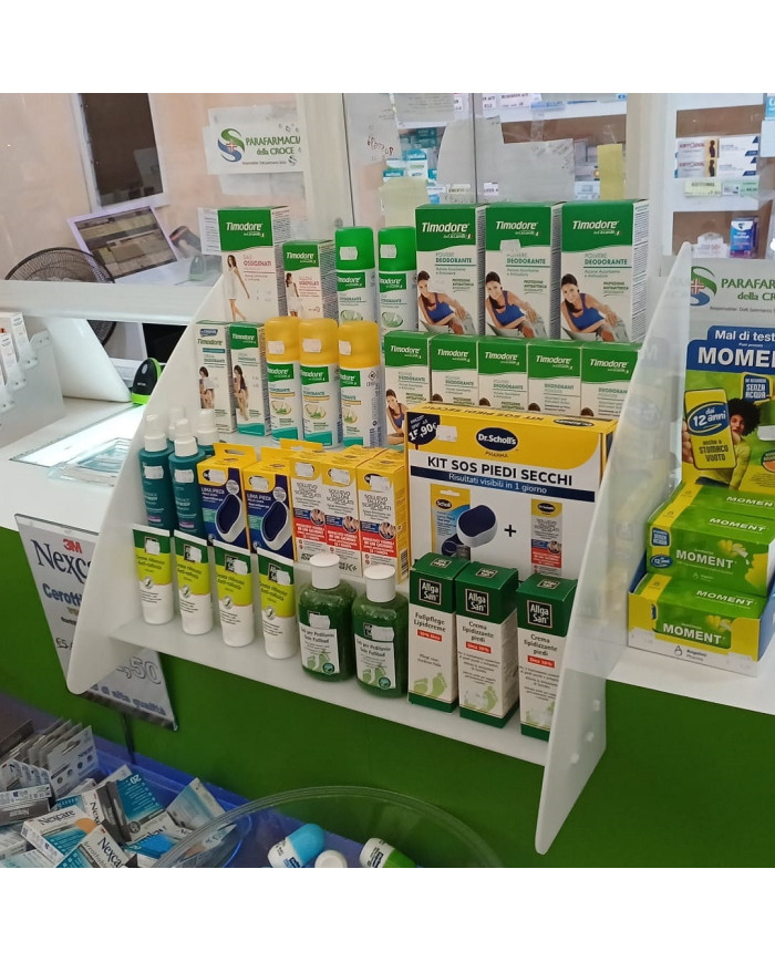 Espositore a scaletta in plexiglass da banco per farmacia e parafarmacia