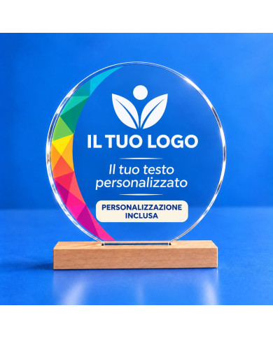 Trofeo tondo in plexiglass trasparente con base in faggio e grafica multicolore personalizzabile