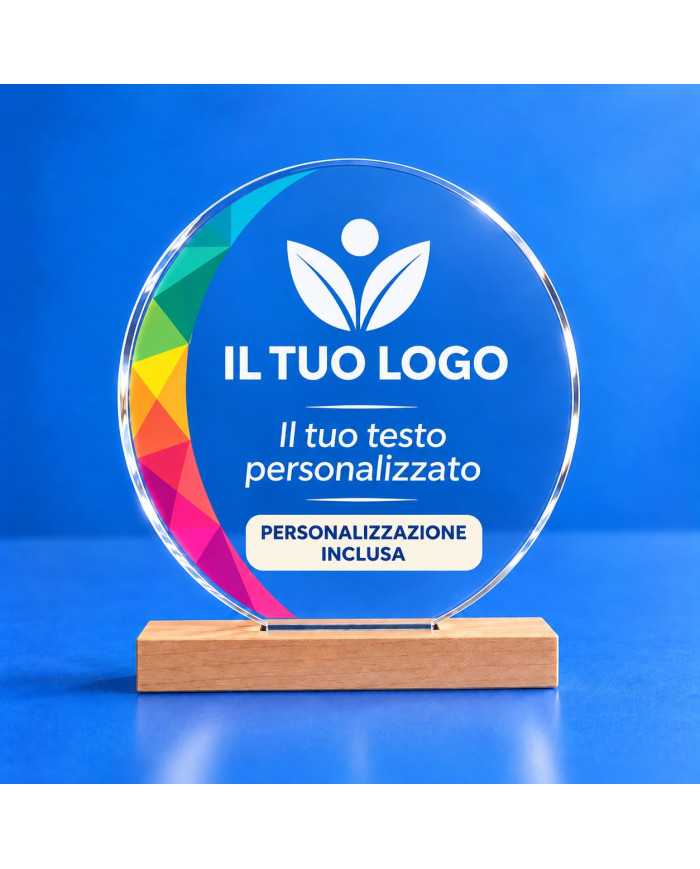 Trofeo tondo in plexiglass trasparente con base in faggio e grafica multicolore personalizzabile
