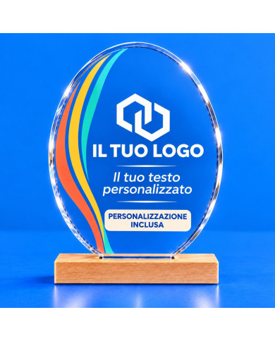 Trofeo ovale verticale in plexiglass trasparente con base in faggio e grafica personalizzabile