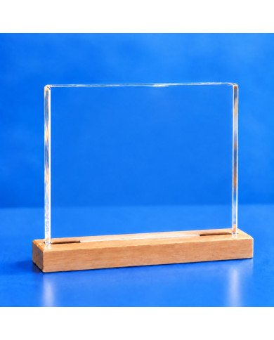 Targa premio rettangolare in plexiglass trasparente senza stampa, con base in faggio naturale