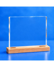 Targa premio rettangolare in plexiglass trasparente senza stampa, con base in faggio naturale