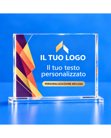 Targa premio orizzontale in plexiglass trasparente personalizzata con base in plexiglass