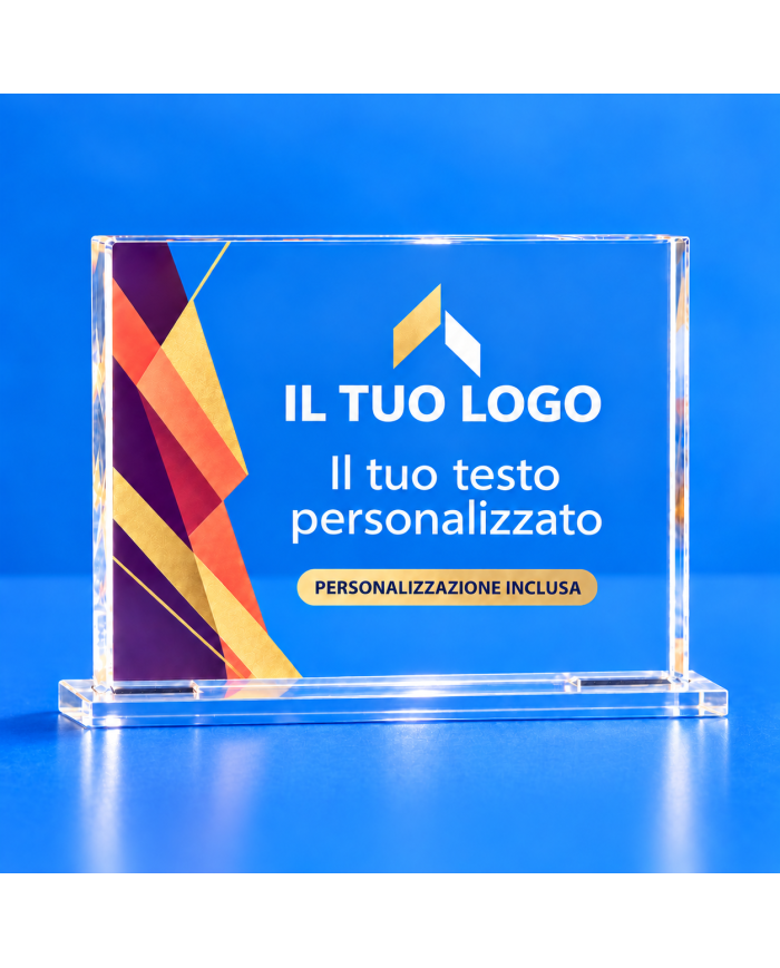 Targa premio orizzontale in plexiglass trasparente personalizzata con base in plexiglass