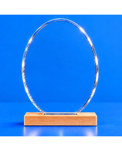 Targa premio ovale verticale in plexiglass trasparente senza grafica, con base in faggio naturale su sfondo blu