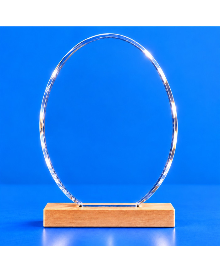 Targa premio ovale verticale in plexiglass trasparente senza grafica, con base in faggio naturale su sfondo blu