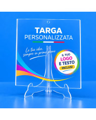 Targa in plexiglass con stampa personalizzata, foro superiore e portapiatto trasparente
