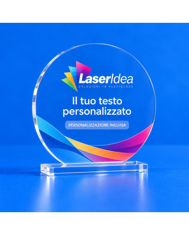Targa premio tonda in plexiglass trasparente con logo, testo e grafica a colori su base in plexiglass