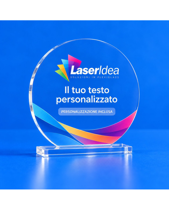 Targa premio tonda in plexiglass trasparente con logo, testo e grafica a colori su base in plexiglass