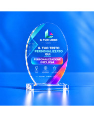 Targa premio ovale verticale trasparente con logo e testo personalizzati, su base in plexiglass incollata