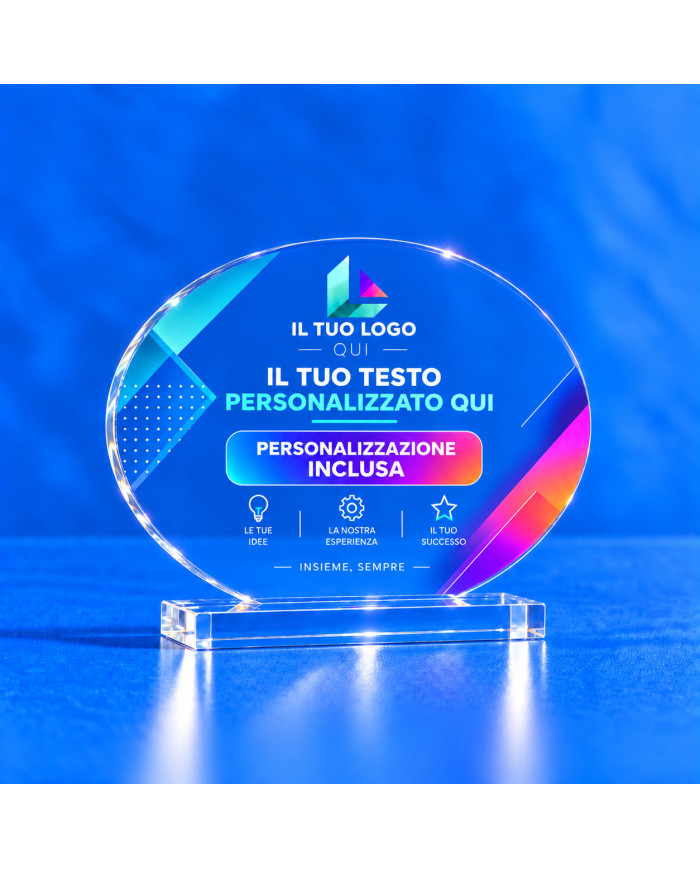 Premio ovale orizzontale trasparente con grafica personalizzata e base in plexiglass incollata