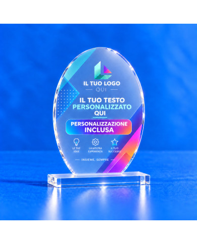 Targa premio ovale verticale satinata con logo e testo personalizzati, su base in plexiglass