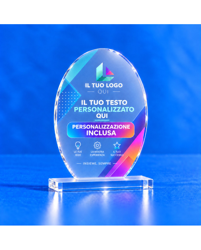 Targa premio ovale verticale satinata con logo e testo personalizzati, su base in plexiglass