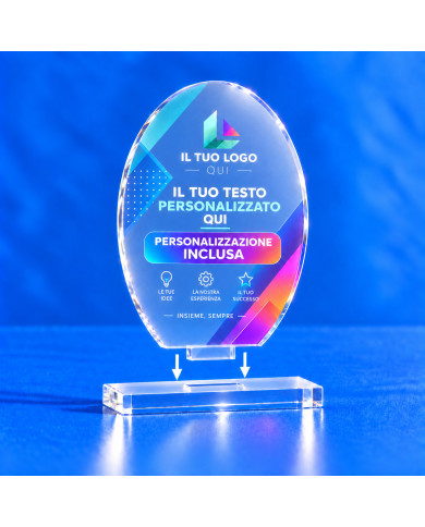 Premio ovale verticale satinato personalizzato con base a incastro, mostrato prima del montaggio