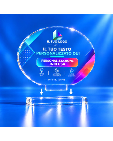 Premio ovale orizzontale in plexiglass trasparente personalizzato, con innesto e base separata da assemblare