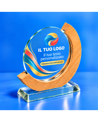 Targa premio tonda A560CRY in vetro e legno con logo e testo personalizzati