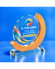 Targa premio tonda A560CRY in vetro e legno con logo e testo personalizzati
