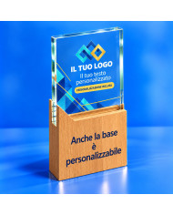 Targa premio verticale in vetro con logo e testo personalizzati e base in legno personalizzabile