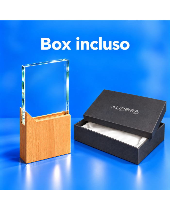 Targa premio verticale in vetro e legno con box regalo incluso aperto accanto al premio