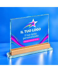 Targa premio rettangolare in vetro e legno personalizzata con logo e testo