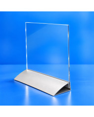 Supporto da tavolo in alluminio satinato con targa in plexiglass trasparente da 4 mm, esempio di utilizzo: targa non inclusa