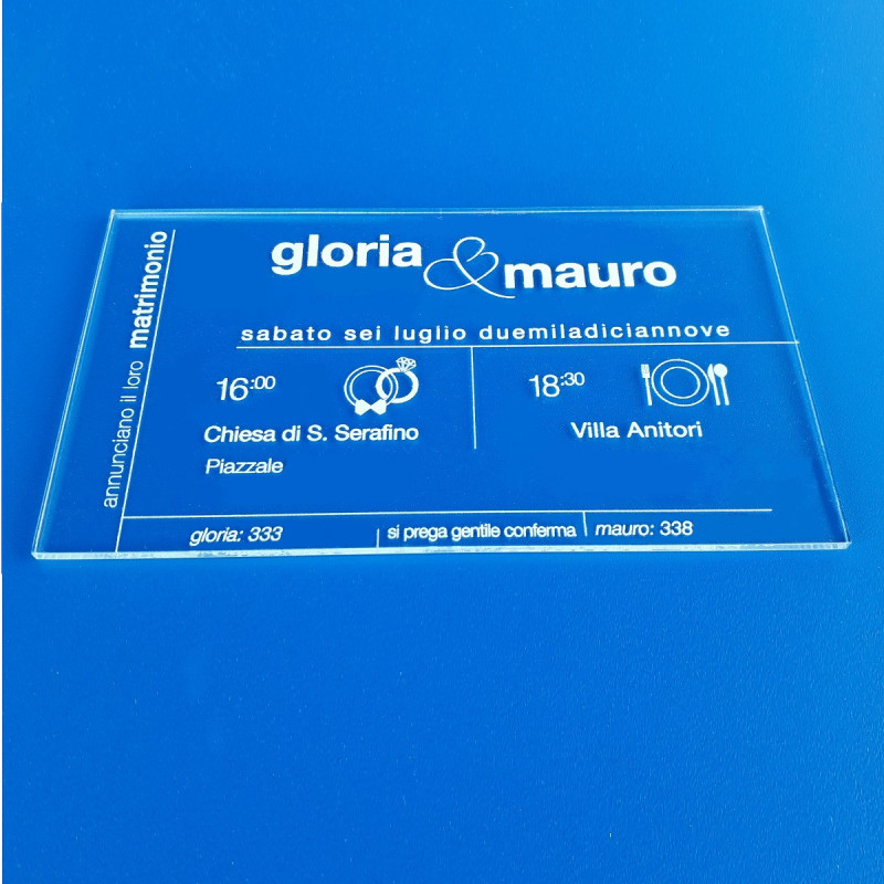 Invito partecipazione matrimonio in plexiglass trasparente